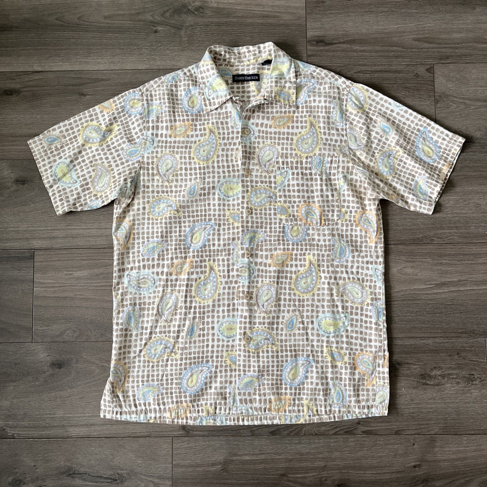 VTG Barry Bricken Silk Blend Shirt Mens M Tan Multicolor Paisley